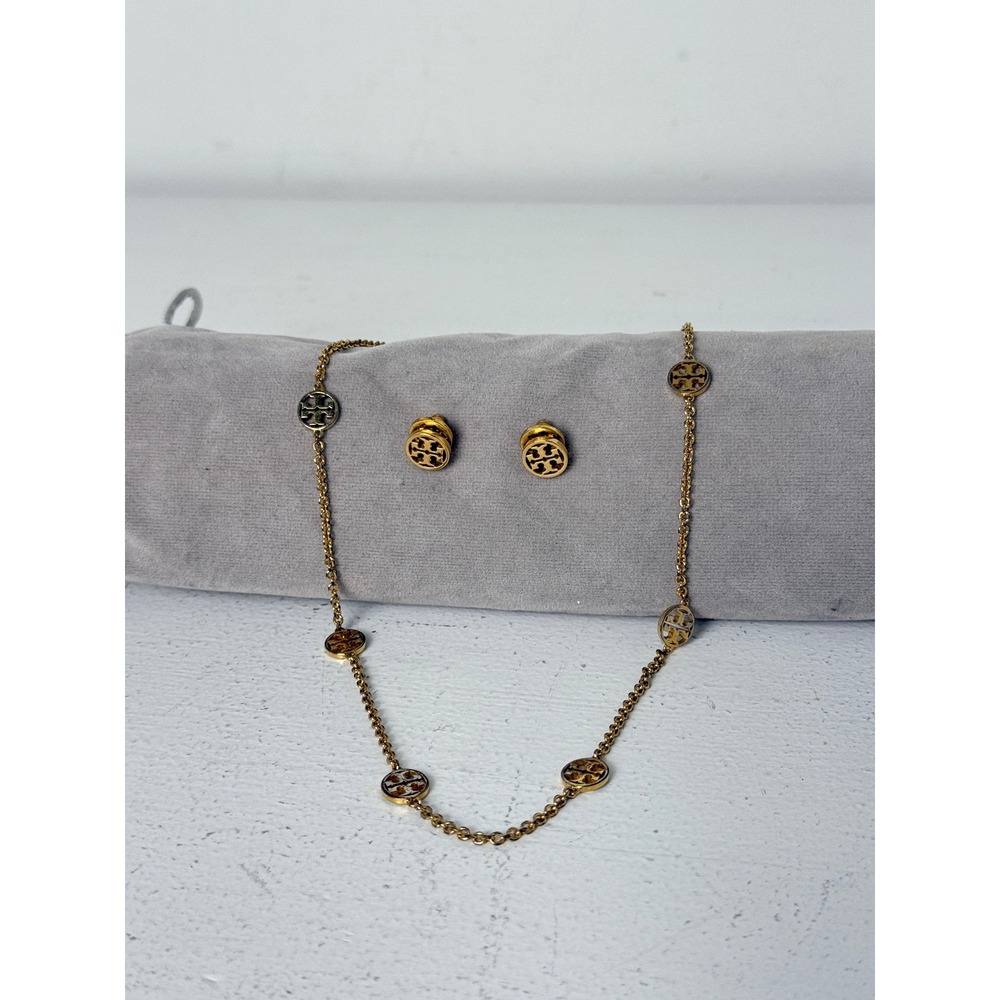 Tory Burch Gold Tone Double T Logo Necklace and Stud Earrings Jewelry Set